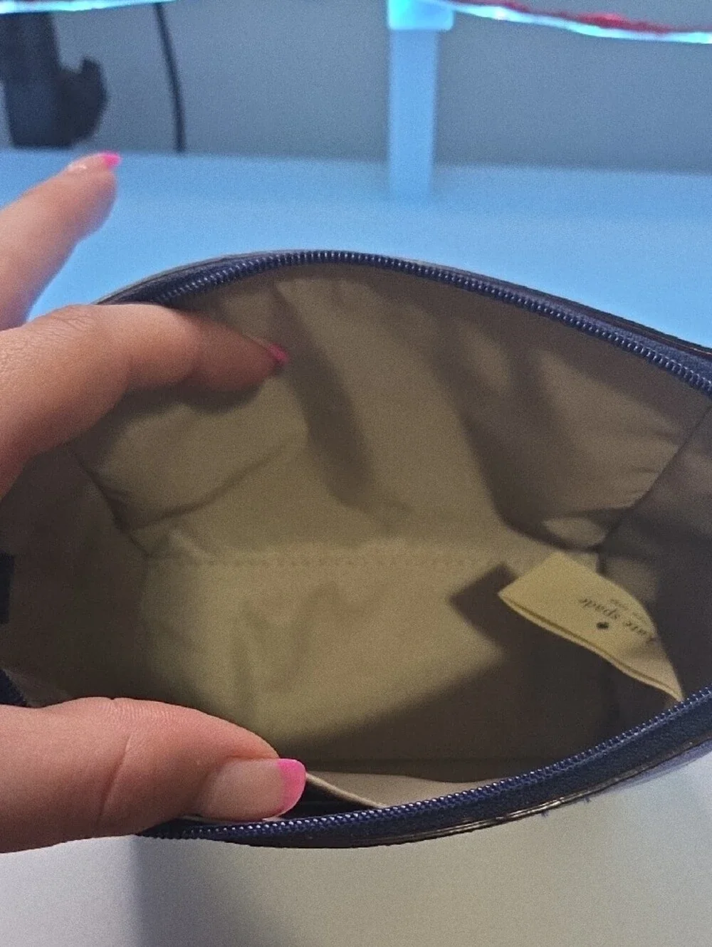 kate spade blue and white Pacific gingham Cosmetic Case